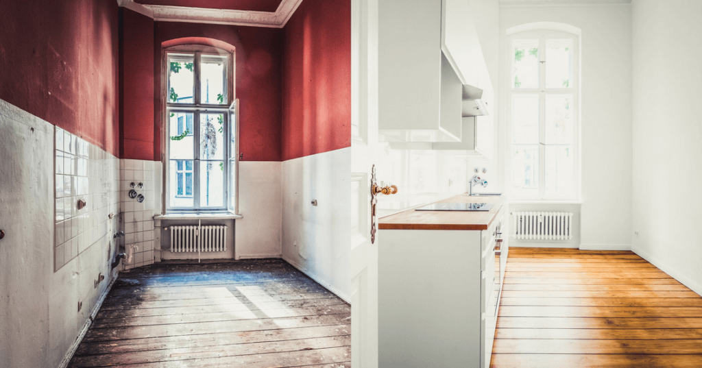 A before and after photo of a kitchen, illustrating the effect of a properly restored home.